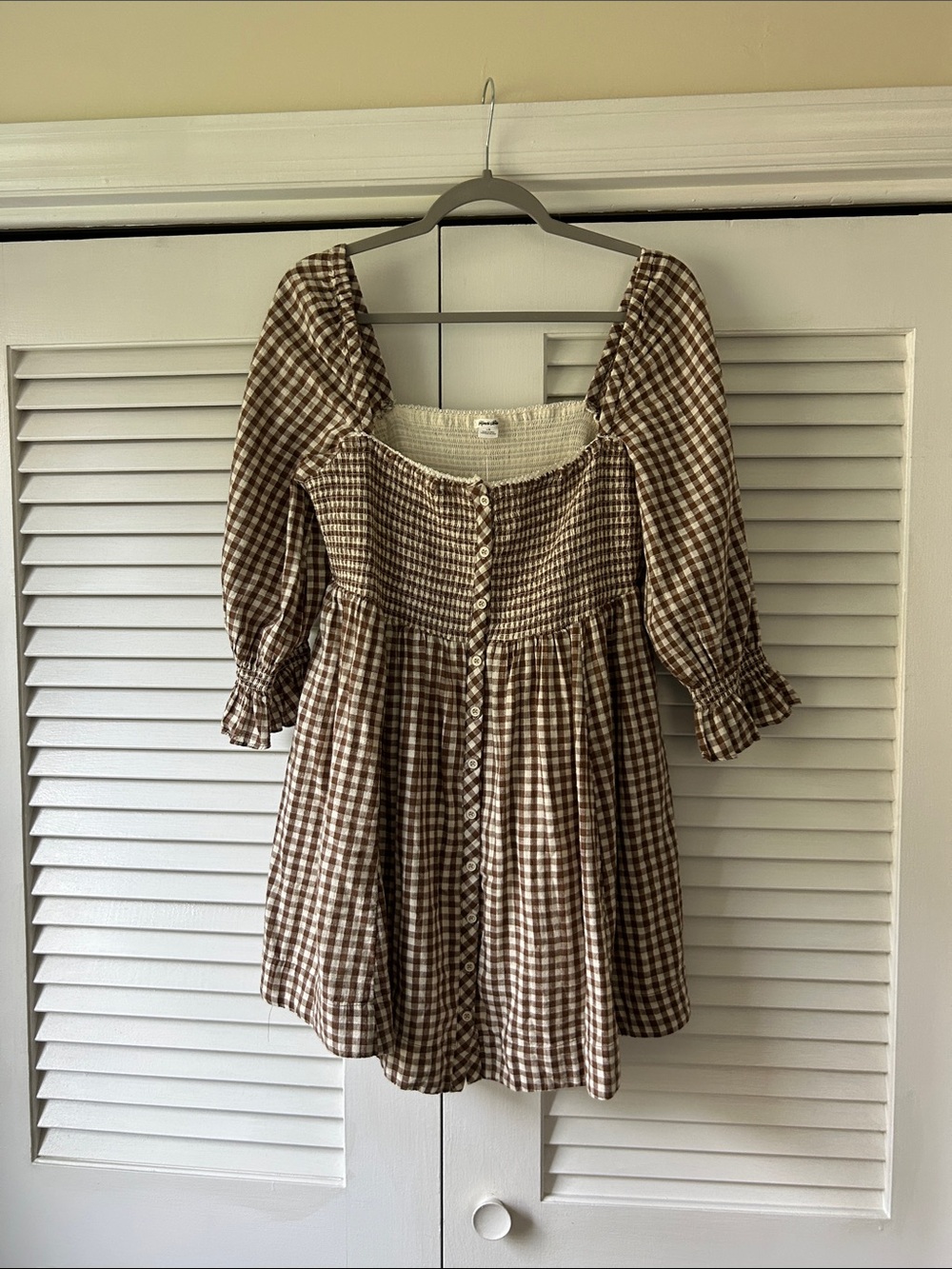 Kimchi Blue Brown Gingham Smocked Bodice Dress